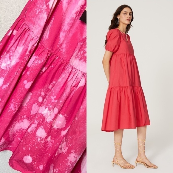 PETER SOM Midi Dress Bleach Splatter Puff Short Sleeve Ruffle Tiered Tie Back 6 - Picture 3 of 9